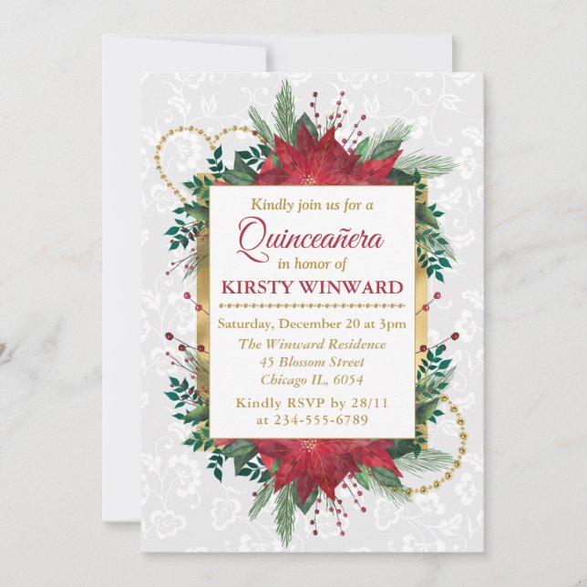 Watercolor Poinsettia Winter Christmas Quinceañera Invitation (Front)