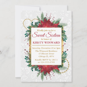 Watercolor Poinsettia Winter Christmas Sweet 16 Invitation