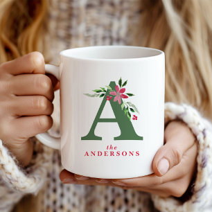 Watercolor Poinsettia & Winter Greenery Monogram Coffee Mug