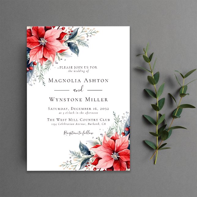 Watercolor Poinsettia Winter Wedding Invitation (Creator Uploaded)