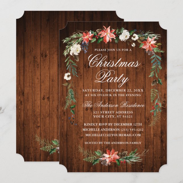 Watercolor Poinsettia Wood Christmas Party Invitation (Front/Back)