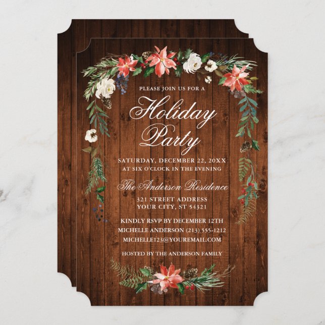 Watercolor Poinsettia Wood Holiday Party Invitation (Front/Back)