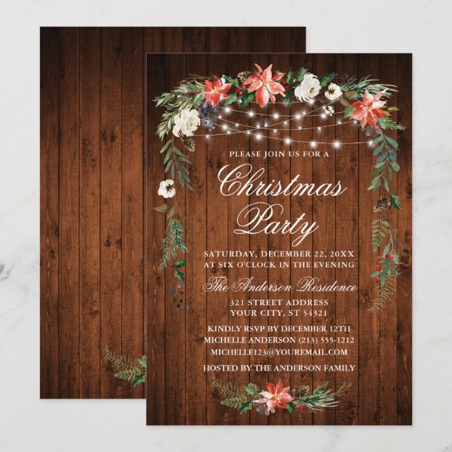 Watercolor Poinsettia Wood Lights Christmas Party Invitation (Front/Back)