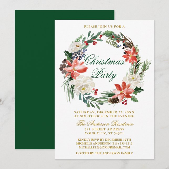 Watercolor Poinsettia Wreath Green Christmas Party Invitation (Front/Back)