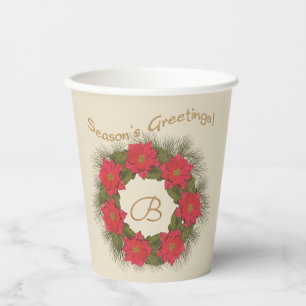 Watercolor Poinsettia Wreath - Monogrammed Paper Cups