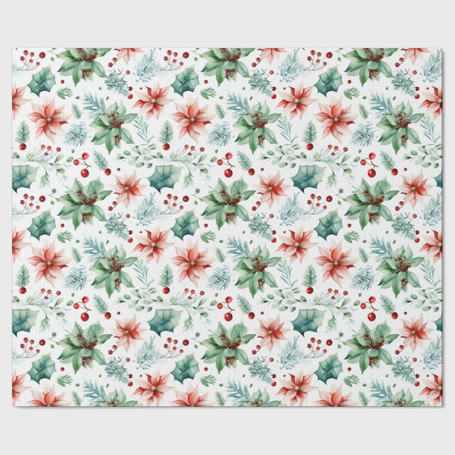 Watercolor Poinsettias and Berries Christmas  Wrapping Paper (Seam)
