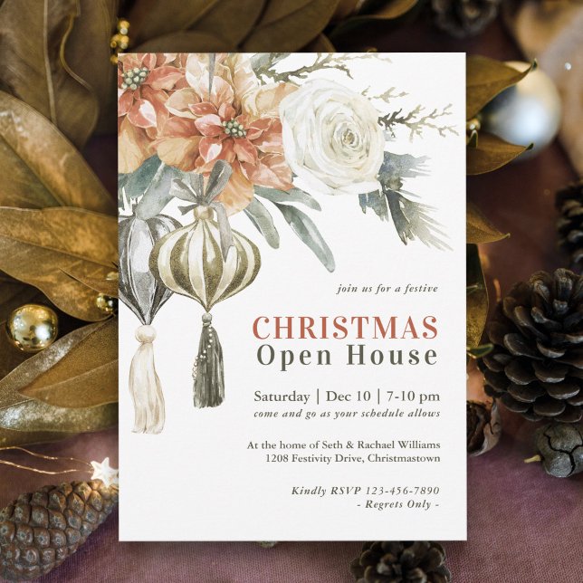 Watercolor Poinsettias and Ornaments Open House Invitation (Rustic elegance with holiday charm in this watercolor floral Christmas Open House  Party Invitation.)