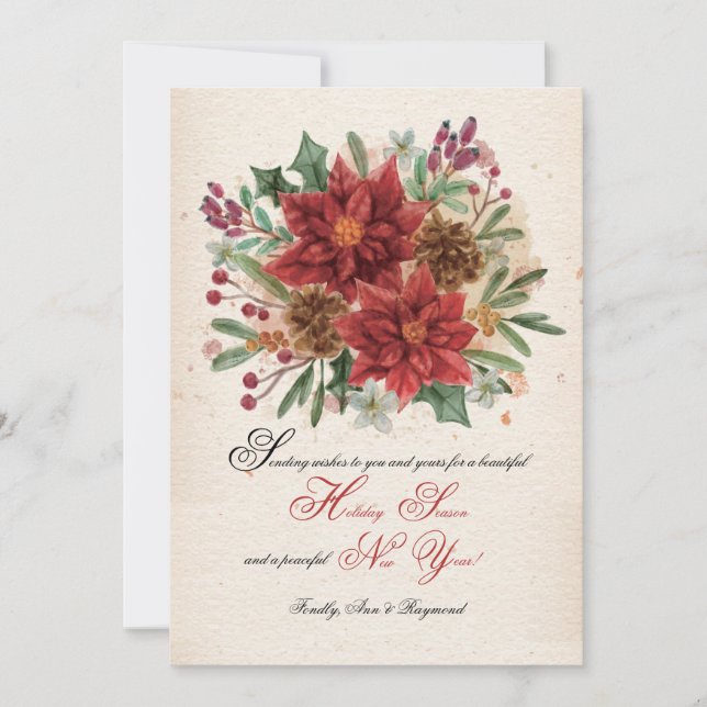 Watercolor Poinsettias and Pine Cones Card (Front)