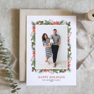 Watercolor Poinsettias and Pine Needles Photo Holiday Card