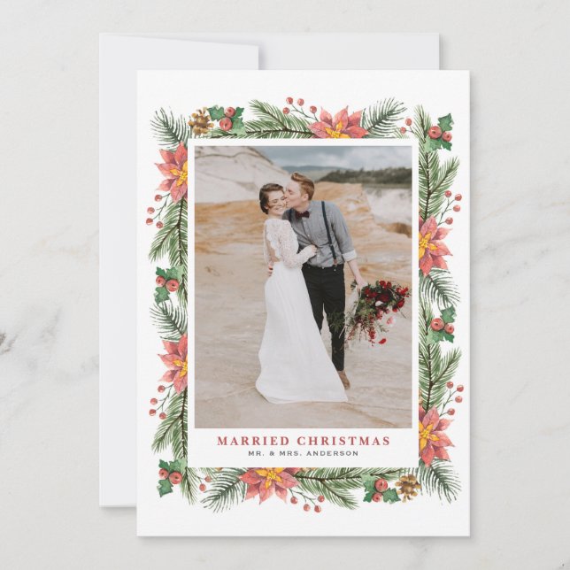 Watercolor Poinsettias Christmas Frame Wedding Holiday Card (Front)