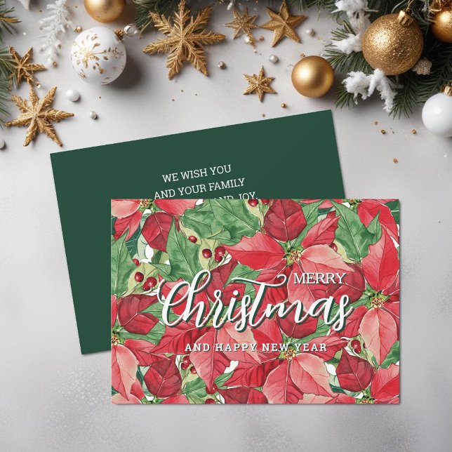 Watercolor Poinsettias Merry Christmas Holiday Card (Watercolor Poinsettias Merry Christmas Holiday Cards, PRINTED and/or INSTANT DOWNLOAD)