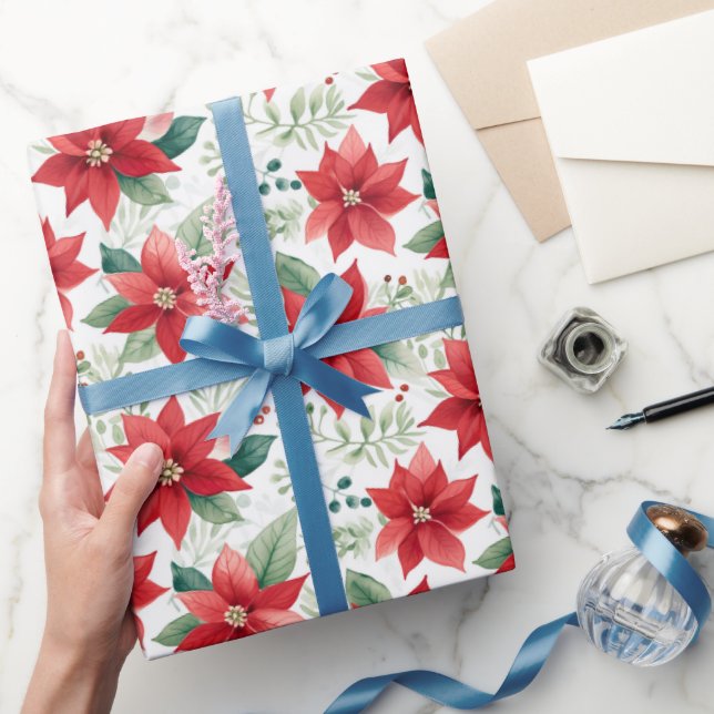  Watercolor Poinsettias Pattern Wrapping Paper (Gifting)