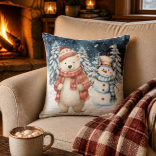 Watercolor Polar Bear and Snowman Winter Christmas Cushion