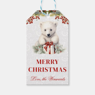 Watercolor Polar Bear and Winter Holly Christmas Gift Tags