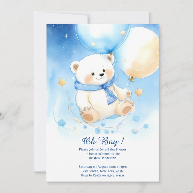 Watercolor Polar Bear Boy Baby Shower Invitation (Front)