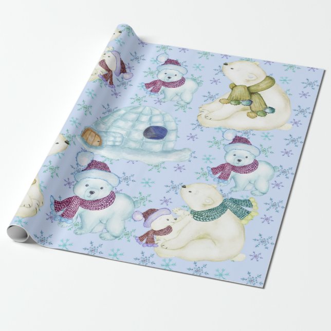 Watercolor Polar Bear Christmas Gift Wrap (Unrolled)