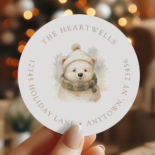 Watercolor Polar Bear Christmas Return Address Classic Round Sticker