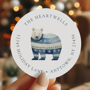 Watercolor Polar Bear Christmas Return Address Classic Round Sticker