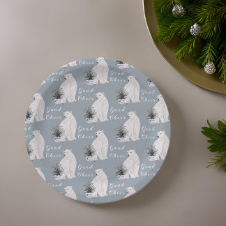 Watercolor Polar Bear Christmas Tree Pattern Paper Plate