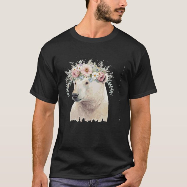 Watercolor Polar Bear Flower Crown Boho Aesthetic T-Shirt (Front)
