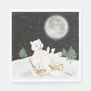 Watercolor Polar Bear On Sled Napkin