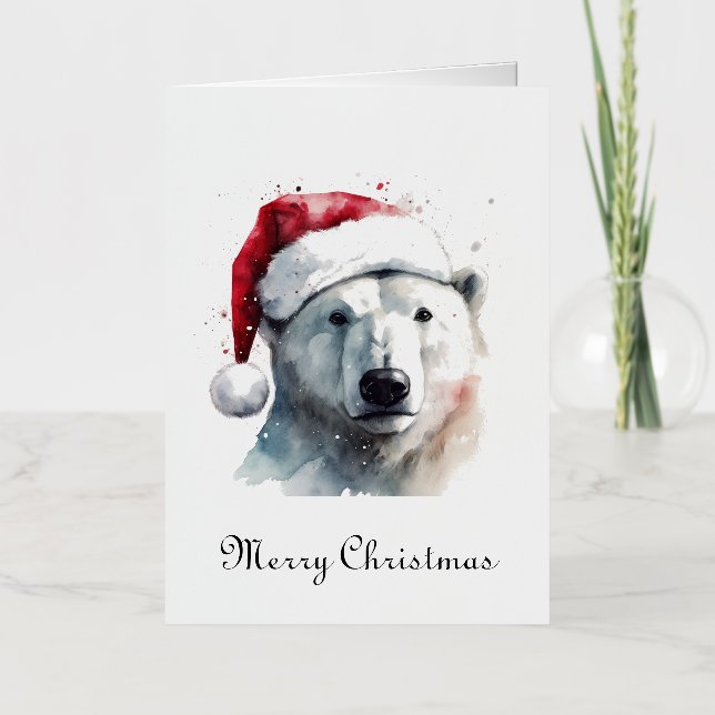 Watercolor Polar Bear Santa Hat Christmas Card (Front)