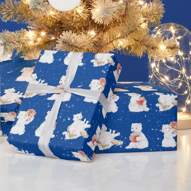 Watercolor Polar Bears In Snowflakes Wrapping Paper (Holidays)