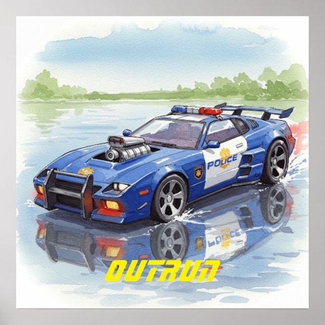 Watercolor Police Car Outrun Poster Wall Art (Front)