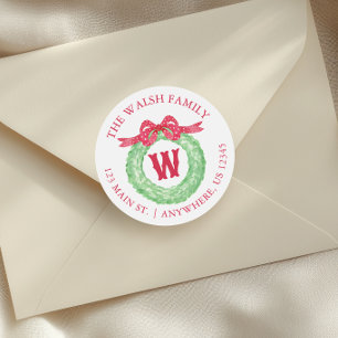 Watercolor Polka Dot Bow Monogram Wreath Address Classic Round Sticker