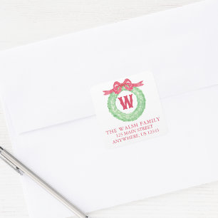 Watercolor Polka Dot Bow Monogram Wreath Address Square Sticker
