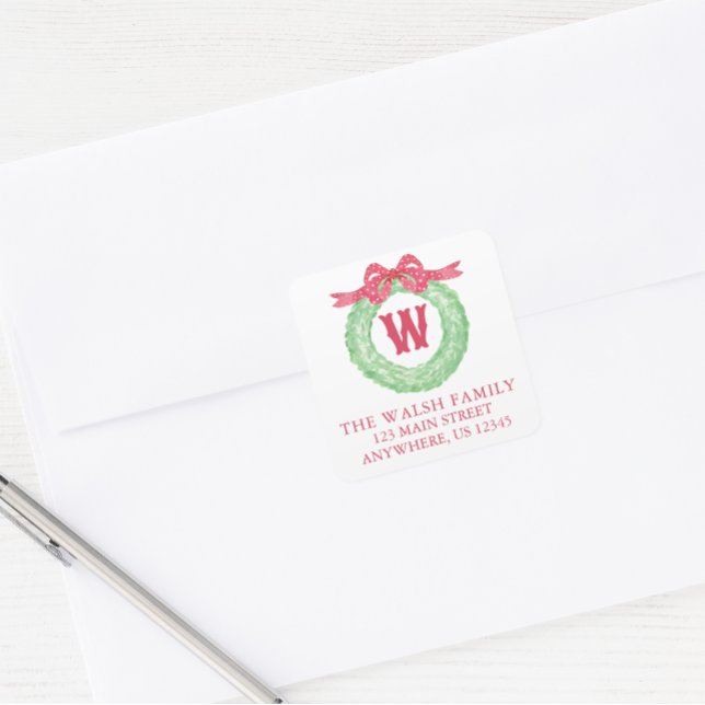Watercolor Polka Dot Bow Monogram Wreath Address Square Sticker (Creator Uploaded)