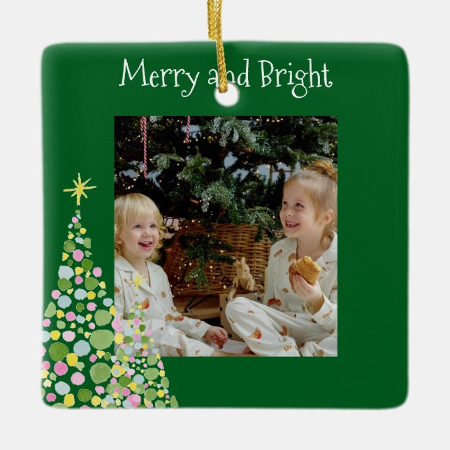 Watercolor Polka Dot Christmas Tree Keepsake Ceramic Ornament (Front)