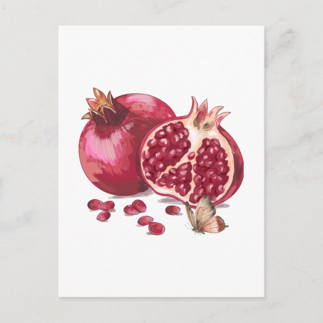 Watercolor Pomegranate Fruit and Butterfly  Postcard (Front)