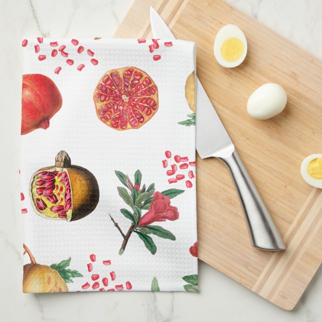 Watercolor Pomegranate Mediterranean Fruit Pattern Tea Towel (Quarter Fold)