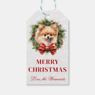 Watercolor Pomeranian and Wreath Christmas Gift Tags