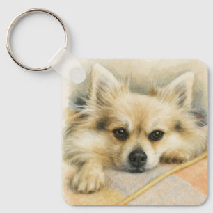 Watercolor Pomeranian Chihuahua Dog Portrait Key Ring