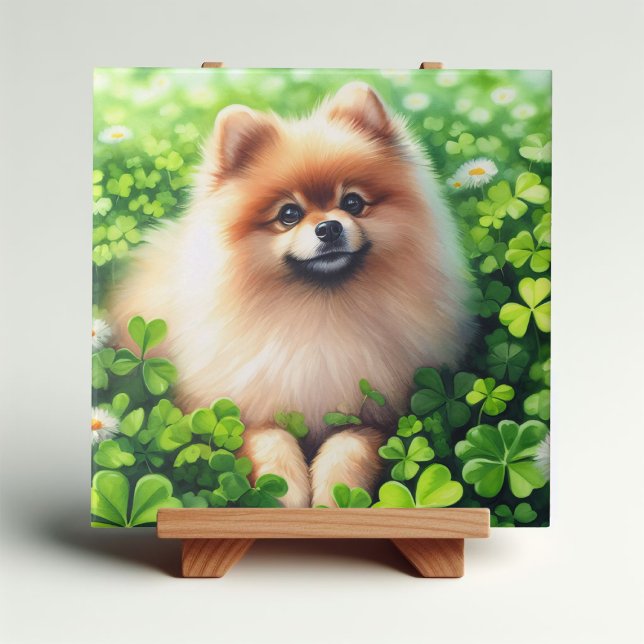 Watercolor Pomeranian Green Shamrock Field Tile (Creator Uploaded)
