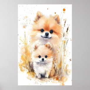 Watercolor Pomeranian Mama and Baby Print, Nursery Poster