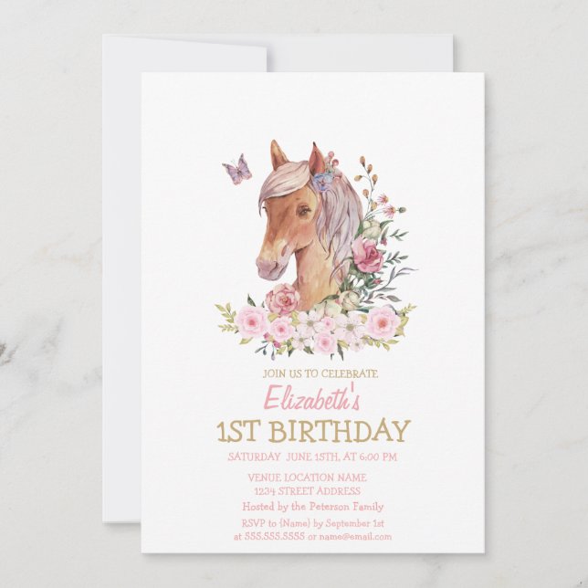  Watercolor Pony Floral Striped Birthday  Invitation (Front)