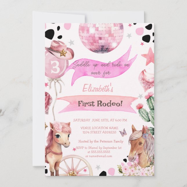  Watercolor Pony Rodeo Polka Dots Birthday  Invitation (Front)