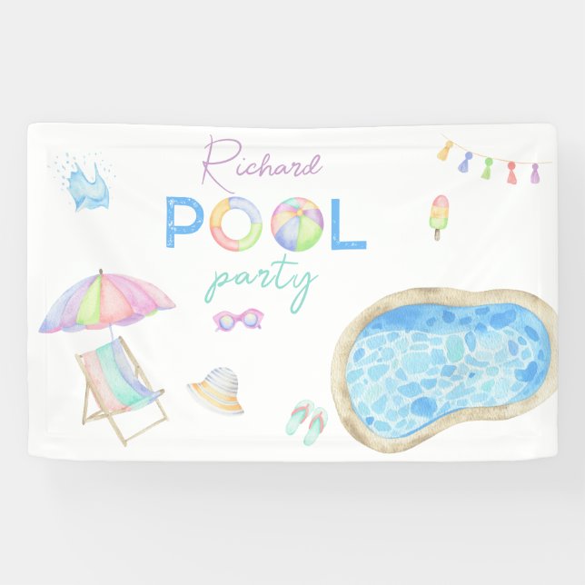 Watercolor Pool Birthday Party Pool Swimming  Banner (Horizontal)
