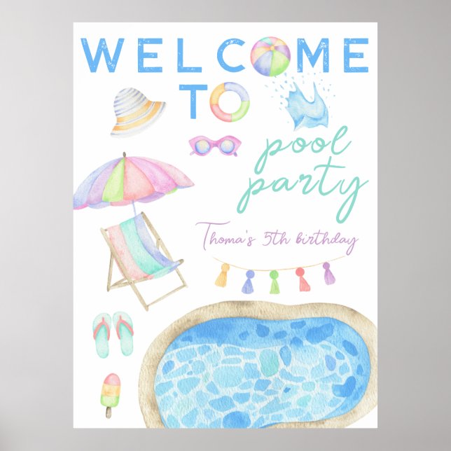 Watercolor Pool Party Birthday Welcome Poster (Front)