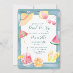Watercolor Pool Party Invitation