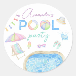 Watercolor Pool Party Kids Birthday  Classic Round Sticker