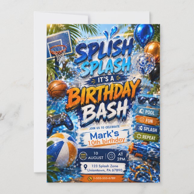 Watercolor Pool Party Splash Boy Birthday Bash Invitation (Front)