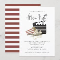 Watercolor Popcorn Movie Night Birthday Invitation