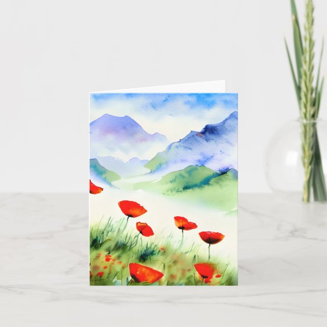 Watercolor poppies and mountain customisable card (Front)