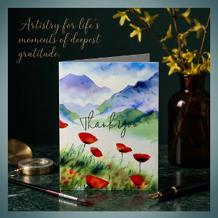 Watercolor poppies and mountain customisable card