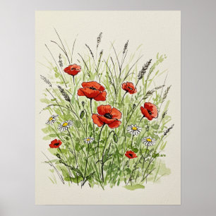 Watercolor Poppies & Daisies Print Art