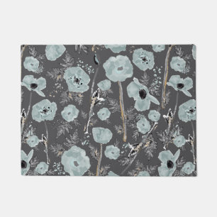 Watercolor Poppies Floral Pattern Blue Grey Black Doormat
